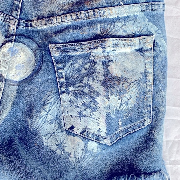 Upcycled Denim Shorts Unique Skater Streetwear Y2K Painted Embroidered Art Wear - Picture 7 of 11